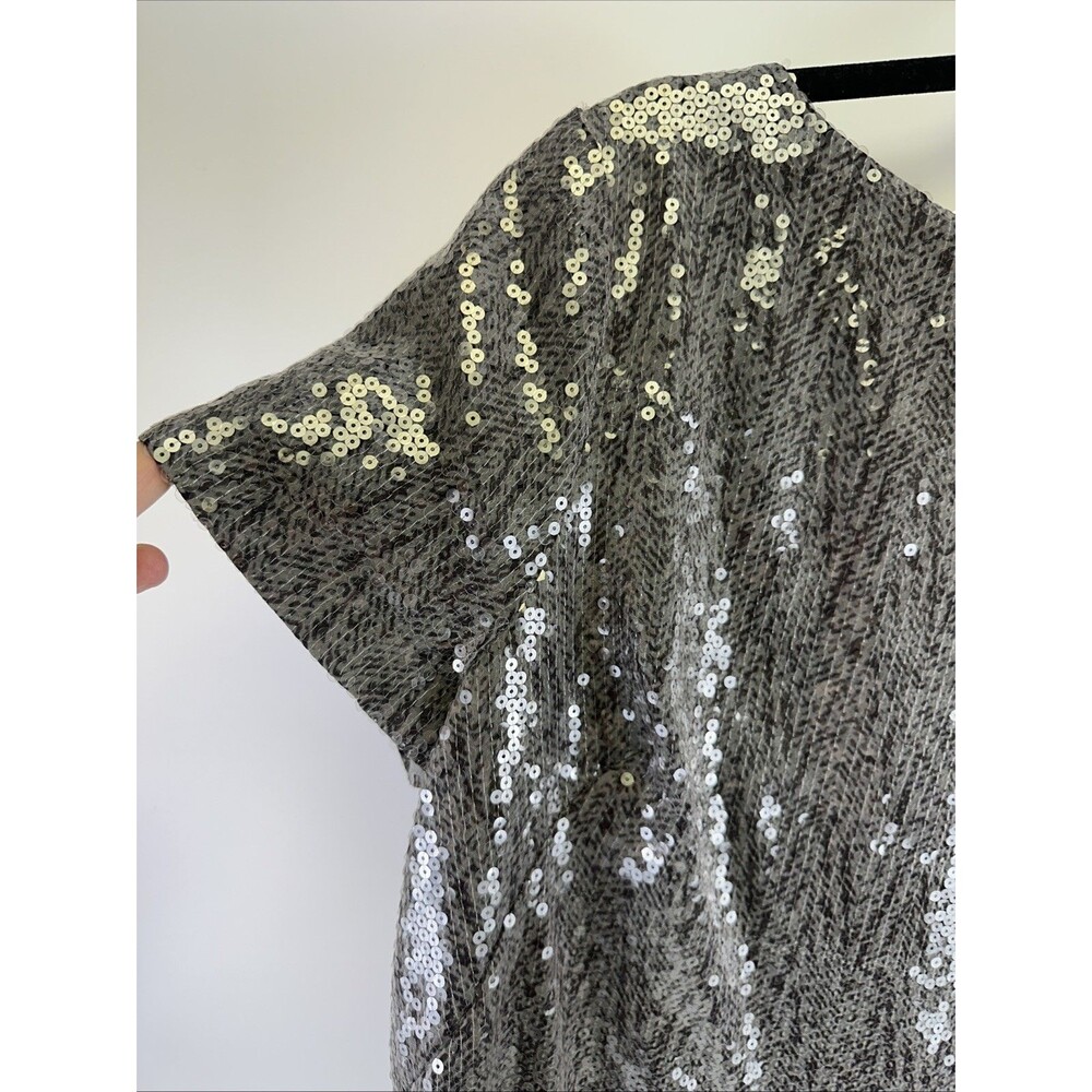 Lauren Ralph Lauren Evening Dress Gray Silver Sequins Shift Short Sleeves New 16 - Picture 2 of 15